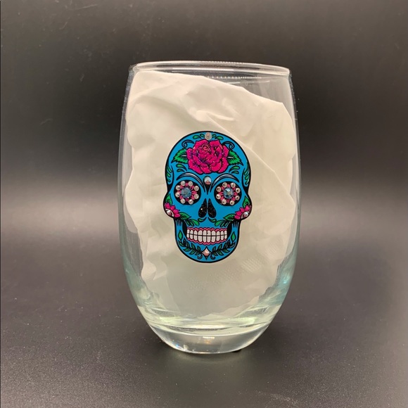BLING GLITTER & SWAROVSKI CRYSTALS BLUE & PINK SUGAR SKULL STEMLESS WINE GLASS - Picture 6 of 8